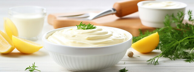 Creamy homemade mayo presented with aromatic herbs and spices. - obrazy, fototapety, plakaty