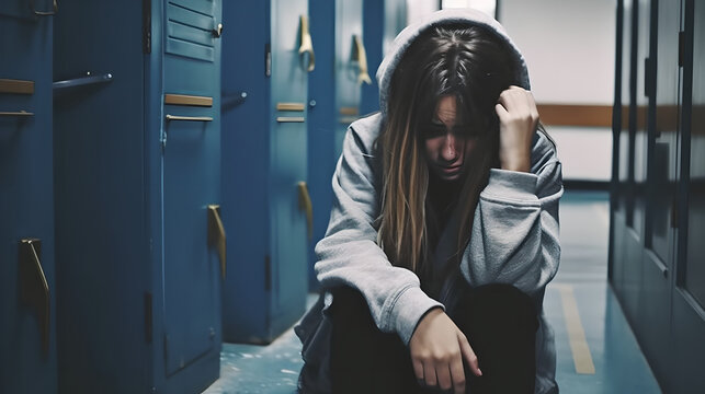 Female student covering her head and crying on school corridor suffering from depression. Lonely teenage female student sat in school corridor covering her head and crying
