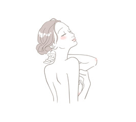 首元に手を添えてリラックスしている若い女性のイメージイラスト（着衣なし・まとめ髪）