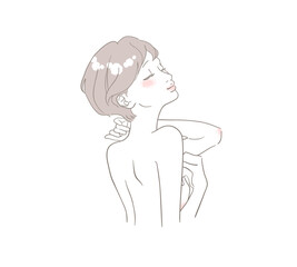 首・肩に手を置きリラックスしている若い女性のイメージイラスト（着衣なし・ショートヘア）