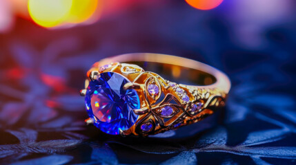 Elegant and Brilliant Gold and Diamond Ring with Blue Sapphire AI Generative