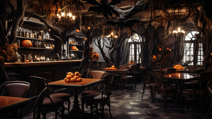 Fototapeta na wymiar Halloween decoration in local cozy cafe interior