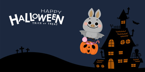 Happy halloween party greeting card with cute vampire bat and spooky pumpkin. Animal holidays cartoon character vector.