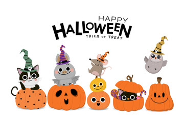 Happy halloween background with spooky pumpkin, cat, bat, rat and owl wear witch hat. Holidays cartoon character. -Vector
