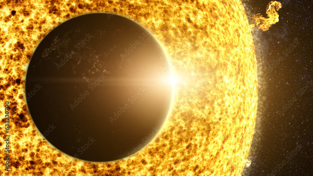 Poster A captivating motion graphic visuals of planet Earth passing the Sun causing an eclipse that partially obscuring the solar brilliance