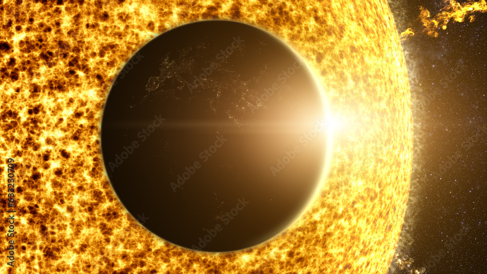 Poster A captivating motion graphic visuals of planet Earth passing the Sun causing an eclipse that partially obscuring the solar brilliance