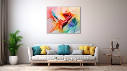 Minimalist clean sofa, with randon rgb pattern wall background, sofa interior design,