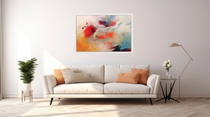 Minimalist clean sofa, with randon rgb pattern wall background, sofa interior design,