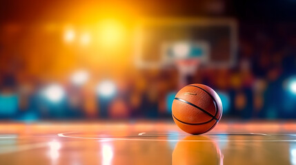 Close up basketball on wooden court floor with blurred arena in background. Basketball ball placed on court floor