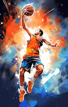 A basketball player dressed in a T-shirt and shorts throws the ball, graffiti style image.