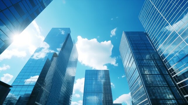 Fototapeta Blue sky with building office city skyscrapers reflecting in the sunlight. Low angle view of modern buildings in a city urban environment. Generative AI.