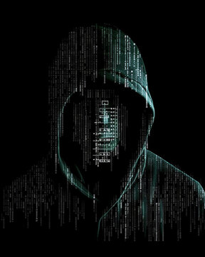 Computer hacker in hoodie over abstract binary ascii background