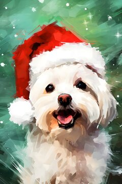 Bichon Frises wearing Santa hat Christmas