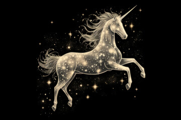Obraz na płótnie Canvas Sparkling Unicorn Majestic Unicorn Surrounded By Twinkling Stars On A Black Background. Generative AI