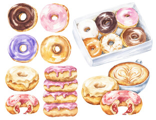 Doughnuts set delicious dessert food illustration.