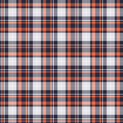 Seamless plaid and checkered patterns in dark blue white and orange for textile design. Tartan plaid pattern graphic background for a fabric print. Vector design.