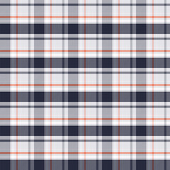 Seamless plaid and checkered patterns in dark blue white and orange for textile design. Tartan plaid pattern graphic background for a fabric print. Vector design.
