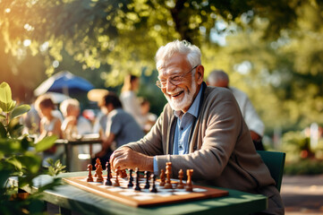 AI generated image of senior playing chess in the park - Powered by Adobe