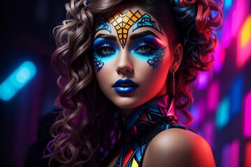 Fototapeta premium Neon-Colored Fantasy Art Make-Up: Captivating Fashion Model