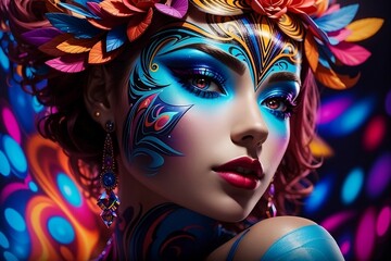 Neon Fantasy Art Makeup: Vibrant Portrait for Cosmetics & Beauty