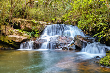 Rain forest waterfall, pure unattached nature, long exposure water shot. Andasibe-Mantadia National...