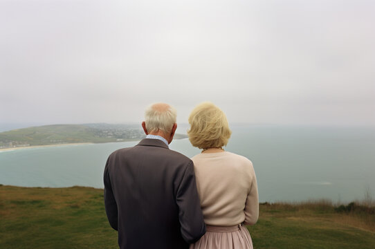 AI generated image of senior couple standing on top of mountain by the shore