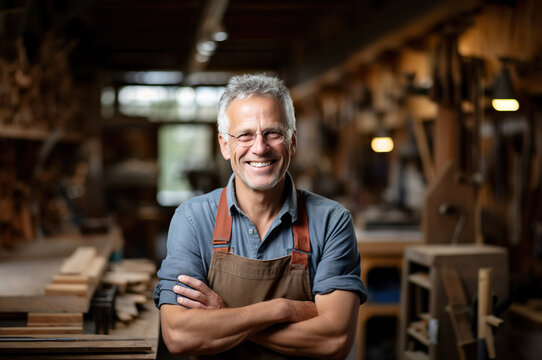 AI generated image of mature male in carpentry shop