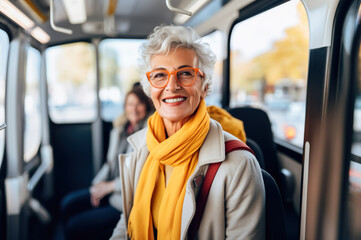 AI generated image of mature senior woman in the bus - obrazy, fototapety, plakaty