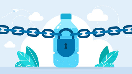 Bottle of water behind a chain with a closed lock. People's access to clean drinking water is limited. Thirst, drought. Water delivery service concept. Vector illustration.