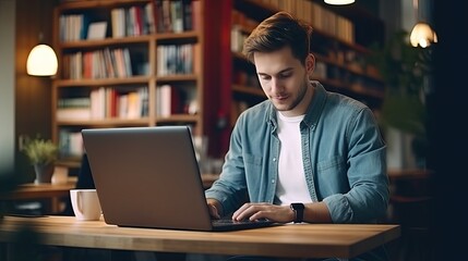 Young intelligent man studying for college in the library
