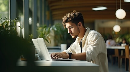 Young intelligent man studying for college in the library