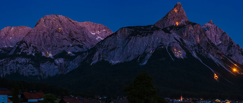 High resolution stitched alpine view with the mountain fires of the Tyrolean Zugspitz Arena near Ehrwald, Reutte, Tyrol, Austria