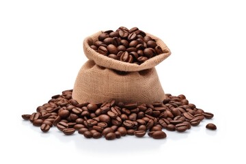Fototapeta premium Coffee beans in a jute sack isolated on white background.