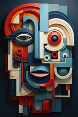 Woman faces in the style of cubism painting with colorful geometrical shapes. Abstract cubist painting