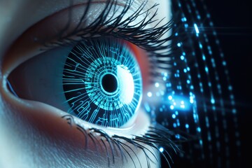 Close up of the eye and robotic iris. New technologies and futuristic concept