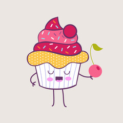 Cute happy smiling cupcake. Vector flat cartoon character illustration icon design.Cupcake, cake, dessert menu concept