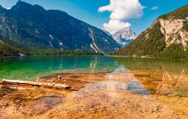 Naklejka na ściany i meble High resolution stitched alpine summer panorama with reflections near Lake Plansee, Reutte, Tyrol, Austria