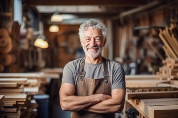 AI generated image of mature male in carpentry shop