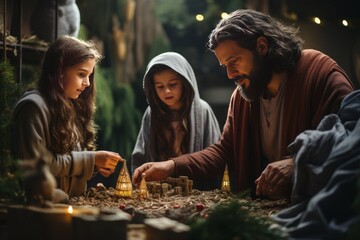 Family Setting Up Their Nativity Scene, Generative AI
