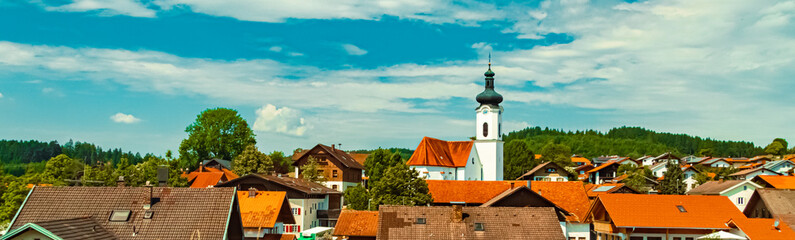 Beautiful summer view with a church near Rieden, Lake Forggensee, Ostallgaeu, Bavaria, Germany