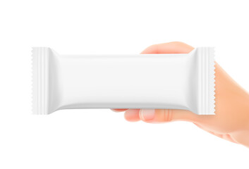 Package bar mockup held by a hand. Vector illustration isolated on white background. Perfect for your product. EPS10.