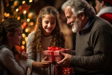 Obraz na płótnie Canvas Joyful Family Exchanging Gifts Around Christmas Tree, Generative AI.
