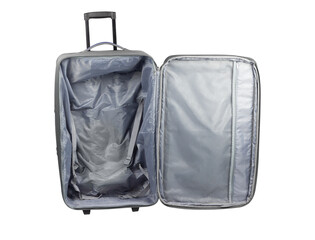 open travel bag, open travel suitcase isolated from background