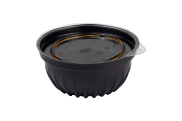 soy sauce, disposable plastic bowl of soy sauce, isolated from background