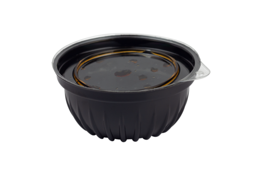 soy sauce, disposable plastic bowl of soy sauce, isolated from background