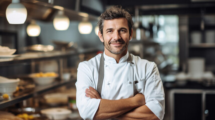 Fototapeta premium TV Cooking Show in Restaurant Kitchen: Portrait of male Chef Talks, Teaches How to Cook Food. Online Courses, Streaming Service, Learning Video Lectures. Healthy Dish Recipe Preparation