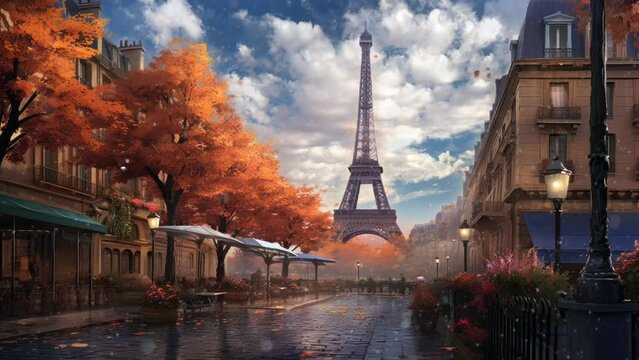 beautiful landscape autumn fall in paris view . seamless looping time-lapse virtual video animation background.