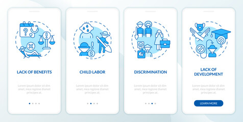 Labour problems in agriculture blue onboarding mobile app screen. Farm work walkthrough 4 steps editable graphic instructions with linear concepts. GUI template. Myriad Pro-Bold, Regular fonts used