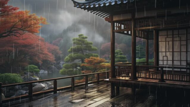 japanese garden in the morning animation background. seamless looping time-lapse virtual video animation background.