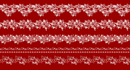 クリスマスのポインセチアとベルの花線レース_白背景赤